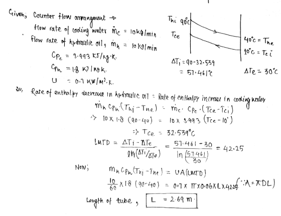 Given, Counter flow arra How sate ol coolinq water Mc - lok<ylmin flow rate 어 hydraulit dil, mh . Î0 kg 1 min Tee Cpe = 3.443