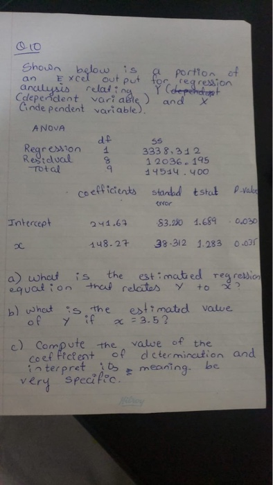 O 10 an relatin sile) and shown below is, Excel output for portion of analysis Y Celependent regression Cdependent vari Cinde