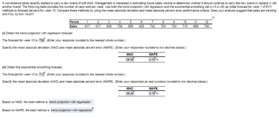 A convenience store recently started to carry a new brand of soft drink. Management is interested in estimating future sales volume to determine whether it should continue to carry the new brand or replace it with another brand. The following table provides the number of cans sold per week. Use both the trend projection with regression and the exponential smoothing (let α = 0.4 with an initial forecast for week 1 of 617 methods to forecast demand for week 13. Compare these methods by using the mean absolute deviation and mean absolute percent error performance criteria. Does your analysis suggest that sales are trending and if so, by how much? Period Sales 10 12 617 617 648 739 659 623 742 704 724 715 668740 (i) Obtain the trend projection with regression forecast. The forecast for week 13 is 739. (Enter your response rounded to the nearest whole number) Specify the mean absolute deviation (MAD) and mean absolute percent error (MAPE). (Enter your responses rounded to two decimal places.) MAD MAPE 28.56 4.18 (ii) Obtain the exponential smoothing forecast The forecast for week 13 is 712. (Enter your response rounded to the nearest whole number.) Specify the mean absolute deviation (MAD) and mean absolute percent error (MAPE). (Enter your responses as real numbers rounded to two decimal places.) MAD MAPE 36.44 5.16% Based on MAD, the best method is trend projection with regression Based on MAPE, the best method is trend projection with regression