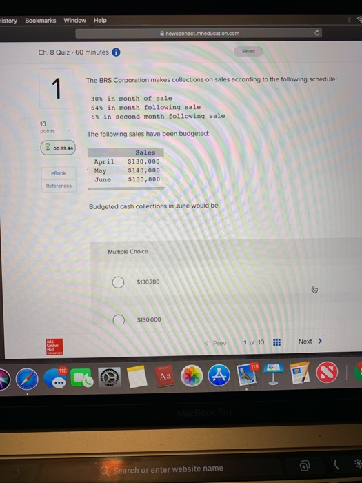 istory Bookmarks Window Help Ch. 8 Quiz-60 minutes Saved The BRS Corporation makes collections on sales according to the foll