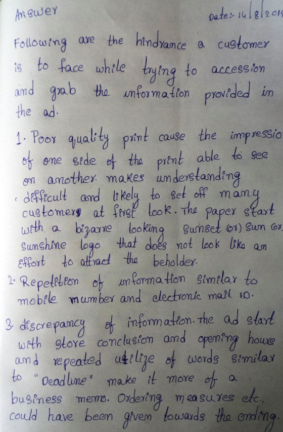 Date1l 812d1 followtng ave the hindyanm s to face whtle tying to accession ce a cuslomer and gab tha unfo matn proitddin the ad 1. Poo quality pint cause the impressio gee Py ent able em amothex makes unerslamden deEcult and I? kelg to set ofr mam customers at fie look. The papey sat Sunshine logo that doeg not look lika am ePort to attaed tha beholder 2: Repelelton uforma tion gimtlar to mo brle mamber and olectionde ma?l 10. 3 discrepancy infomatkon.the ad start mtorm atton·The ours amd vepeated utilige of words tmilar to Oend umemake move of a could have been vem towards the emdm