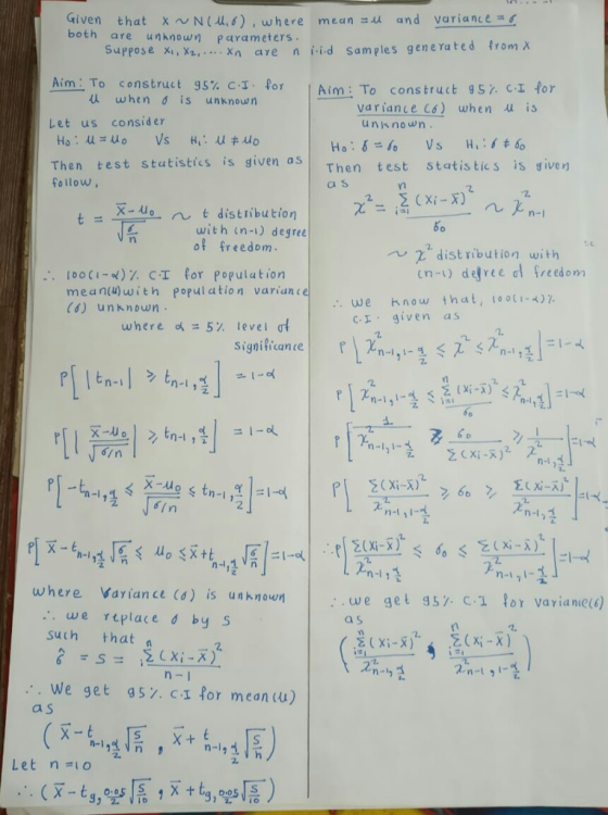 Given that x~N(u,6), where mean=ur and variance both are unknown P arameters Suppose x , X2 xn are n İ.id samples generated from x him ro con s truet, g5%C-1. for | Aim: To construct g5% CI for et us consider Then test stutisties is given as when σ is unknown variance C6) when u is unknown τhen test statistic s issíven a s follow, x-uon t distribution with n-i) degree of freedom distribution with 100(1-4)7. CI for population mean(u) with population varian ce ( unknown that, i。。(1.4) know c·エ· given as . we where d=5% level d 2 n-lt where Variance (a) is own we get 95 C.1 or vayianie(a) we reuplace d by S such that 2. We get a s g5%C-1 for mean (U) Let n=10