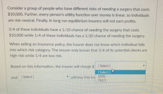 Consider a group of people who have different risks of needing a surgery that costs $10,000. Further, every persons utility
