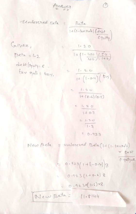 nlevered Bet Beto 1(1-tax hote) (debt Cvan wen -20 0 2 1-20 0-3 s 0.923 New Beda urden e ved Bela(14 (1-tax, ata) eus = - ta a x De bt 23(4)12 3 (104) o.9 2 3イ1.0%8 : epe(1.8149