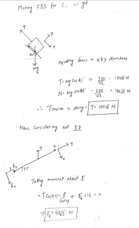 get Making FBD for c, T у 45° In X 4 y directions, equating forus mg - 200) 0012 N N T= mg cos 45 = Sin 45 mg 200 - 100.2N N-