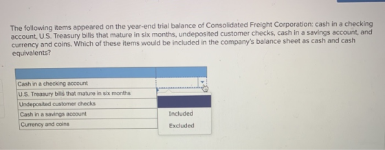 The following items appeared on the year-end trial balance of Consolidated Freight Corporation: cash in a checking account, U
