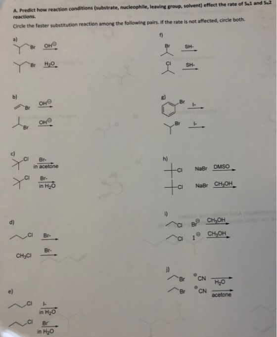 A. Predict how reaction conditions (substrate, nucleophile, leaving group, solvent) effect the rate of Swi and S2 reactions.