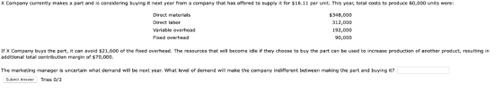 X Company currently makes a part and is considering buying it next year from a company that has offered to supply it for $16.