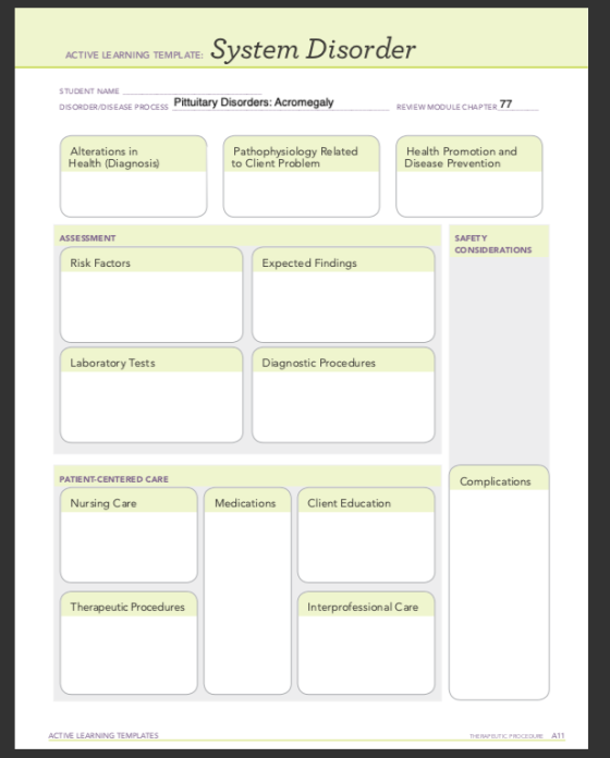 CTVELEAININGTEMP A System Disorder STUDENT NAME DISORDER/DISEASE PROCESS Pittuitary Disorders: Acromegaly REMEW MODULE C Alte