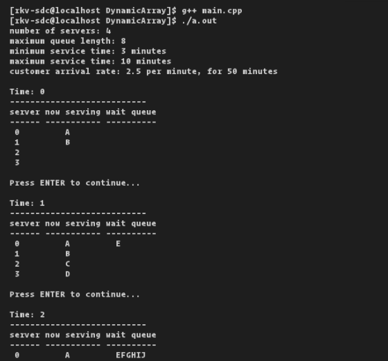 Crkv-sdcQlocalhost DynanicArray]$ g++ nain.cpp Crkv-sdcQlocalhost DynanicArray]$ ./a. out nunber of servers: 4 naxinun queue