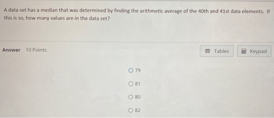 A data set has a median that was determined by finding the arithmetic average of the 40th and 41st data elements. If this is