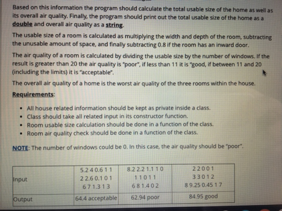 Based on this information the program should calculate the total usable size of the home as well as its overall air quality.