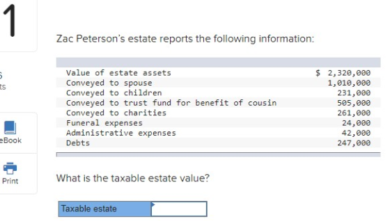 1 Zac Petersons estate reports the following information: 5 ts Value of estate assets Conveyed to spouse Conveyed to childre