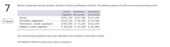 Neelon Corporation has two divisions: Southern Division and Northern Division. The following data are for the most recent ope