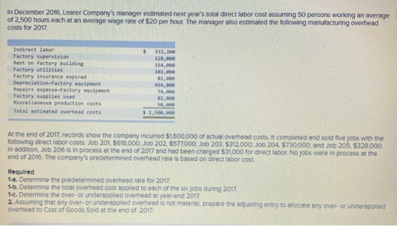 In December 2016, Learer Companys manager estimated next years total direct labor cost assuming 50 persons working an avera