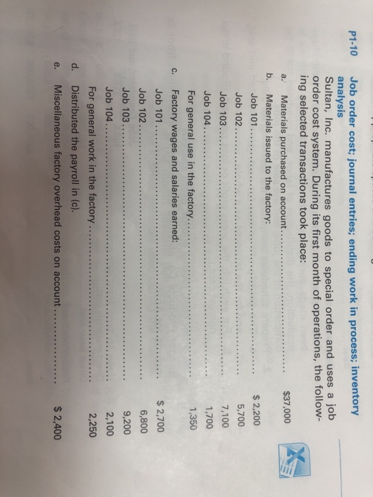 P1-10 a. Whi Job order cost; journal entries; ending work in process; inventory analysis Sultan, Inc. manufactures goods to s