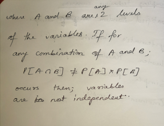 any are 12 A and B where levels of the variables. If for any combination of A and B; PIA no] P[A] & P[B] then; are is not ind