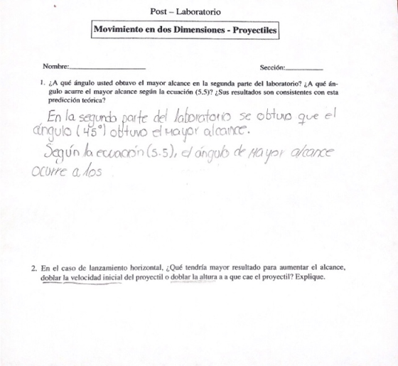Post - Laboratorio Movimiento en dos Dimensiones - Proyectiles Nombre: Sección: 1. ¿A qué ángulo usted obtuvo el mayor alcanc
