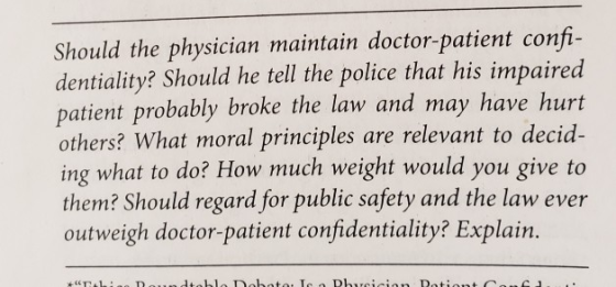 Should the physician maintain doctor-patient confi- dentiality? Should he tell the police that his impaired patient probably