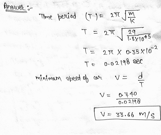 Answer :- 210 One las sec Time period period (T 1 = um 2 T 29 1.5% 10+5 T= 27 x 0.35*10-2 T = T minimum speed of car v= the V