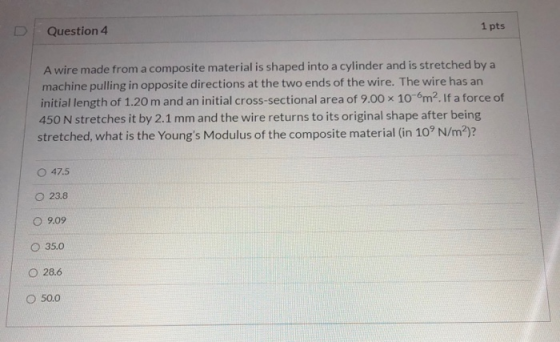 Question 4 1 pts A wire made from a composite material is shaped into a cylinder and is stretched by a machine pulling in opp