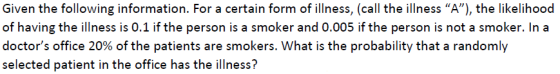 Given the following information. For a certain form of illness, (call the illness A), the likelihood of having the illness