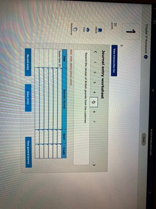 eztomheducation.com Chapter 11 Homework Sad 1 2. 20 points View transaction list Journal entry worksheet eBook 2 3 4 6 7 Reco