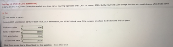 Exercise 12-07 (Part Level Submission) In early January 2019, Swifty Corporation applied for a trade name, incurring legal co
