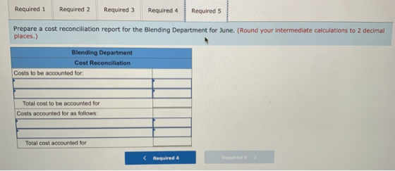 Required 1 Required 2 Required 3 Required 4 Required 5 Prepare a cost reconciliation report for the Blending Department for J
