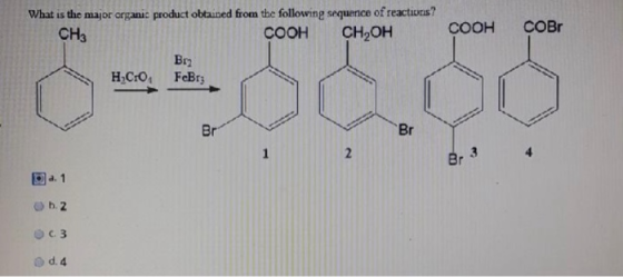 What is the major organic product obtained from the following sequence of reactions? CH3 COOH CH2OH COOH COBr Bry FeBrz HC10