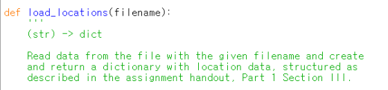 def load_locations(filename): (str) -> dict Read data from the file with the given fi lename and create and return a dictiona