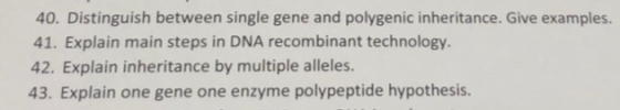 40. Distinguish between single gene and polygenic inheritance. Give examples. 41. Explain main steps in DNA recombinant technology 42. Explain inheritance by multiple alleles. 43. Explain one gene one enzyme polypeptide hypothesis.