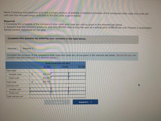 Harris Company manufactures and sells a single product. A partially completed schedule of the companys total costs and costs