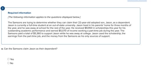 Required information [The following information applies to the questions displayed below. The Samsons are trying to determine