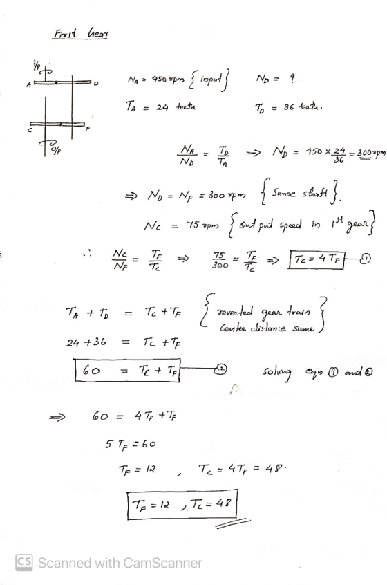 First hear is de NA = 450 pm {input] Np = ? A TA = 24 teeth TO = 36 testu NA NO To TA » No = 450 x 24 36 X 3 = 300 pm > No =