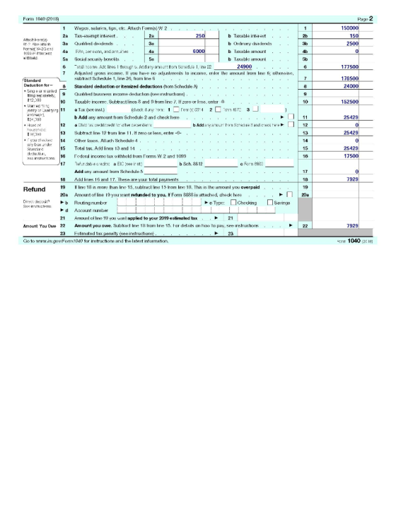 Page 2 150000 2b 150 2500 177500 176500 24000 10 152500 25429 Form 1040 (2018) 1 Wagos, sularios, tips, etc. Attach Forris, W
