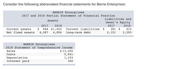 Consider the following abbreviated financial statements for Barrie Enterprises: BARRIE Enterprises 2017 and 2018 Partial Stat