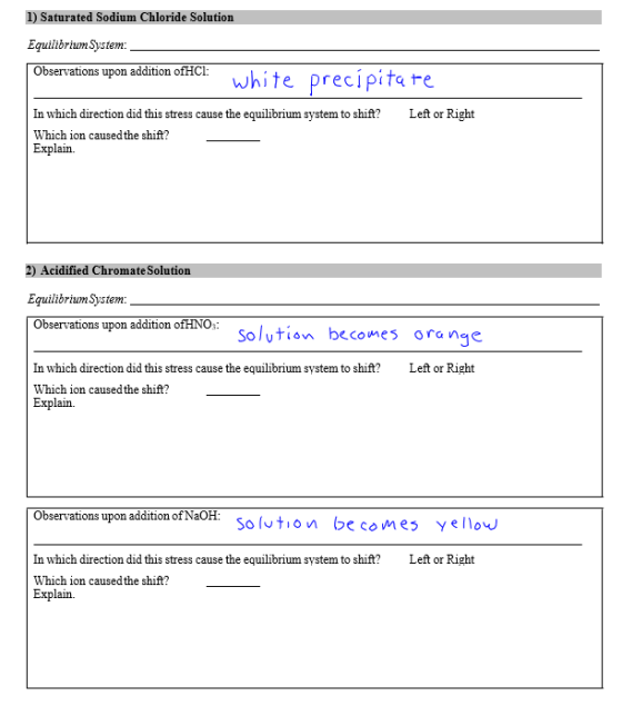 1) Saturated Sodium Chloride Solution Equilibrium System: Observations upon addition ofHCI: white precipitate In which direct