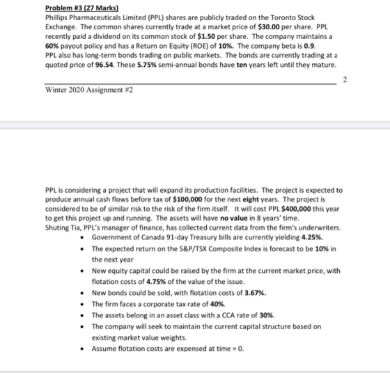 Problem #3 (27 Marks) Phillips Pharmaceuticals Limited (PPL) shares are publicly traded on the Toronto Stock Exchange. The co