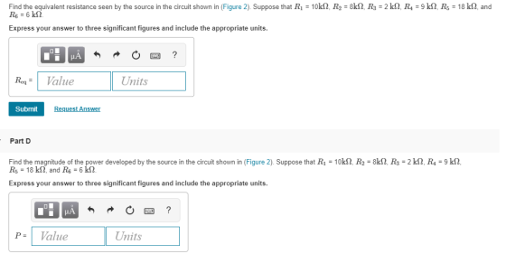 Find the equivalent resistance seen by the source in the circuit shown in (Figure 2). Suppose that R1 = 10k2, R2 = 8kS2, R3 =
