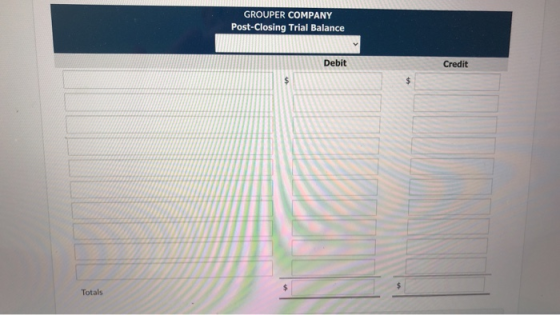 GROUPER COMPANY Post-Closing Trial Balance Debit Credit $ $ $ Totals