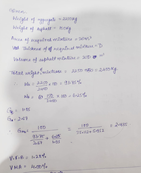 Given. Weight of aggregate 22250kg Weight of Asphalt - 150kg Arcea of eequered misure = 20m2 ved Thickness of of required mis