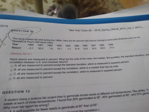2019 ES HUN Take Test Exam #2-2019-Spring ONUB-MTH-1. The st et did well during the 1990s. Hare are the percend total returns