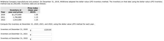 Wildhorse Company manufactures one product. On December 31, 2019, Wildhorse adopted the dollar-value LIFO inventory method. T