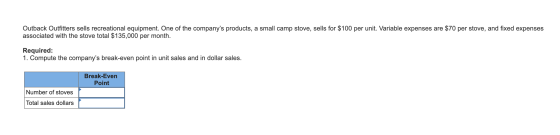 Outback Outfitters sells recreational equipment. One of the companys products, a small camp stove, sells for $100 per unit.