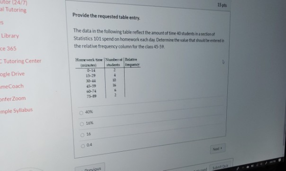 utor 24/7 al Tutoring 15 pts Provide the requested table entry, 5 Library The data in the following table reflect the amount