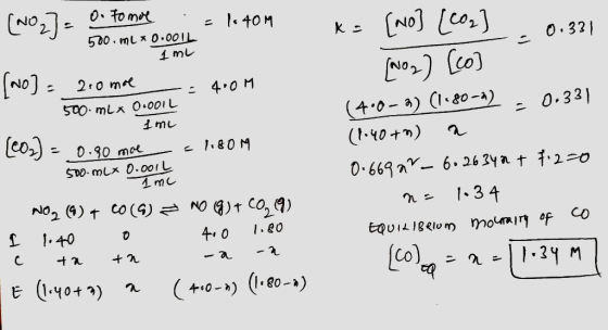 No r. o. Tomoe .=1.40M - (no] (co2) 0.331 500.mlx 0.001L - 1 ml [no] = 200 moe =4.0M 500 ml x 0.001L Ime (202) = 0.30 moes 1.