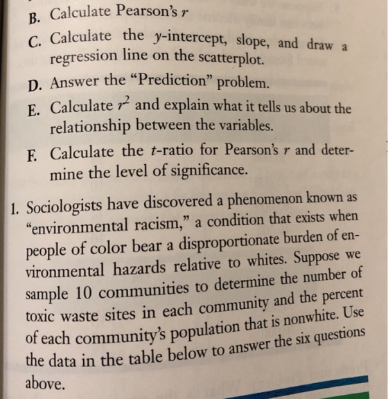 B. Calculate Pearsons r. C. Calculate the y-intercept, slope, and draw a the data in the table below to answer the six quest