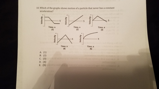 10. Which of the graphs shows motion of a particle that never has a constant acceleration? 5 9 Time, s Time, s Time, s Time, s Time, s B. (2) C. (3) D. (4) E. (5)