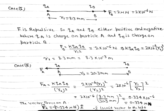 F is Repulsive so ใA qnd Zg either bositive and negative. whur As che on particle A an 1ais charjcon Cove) Y2 20.3mm (ri)i- O-334 Xlo 20-3 mm